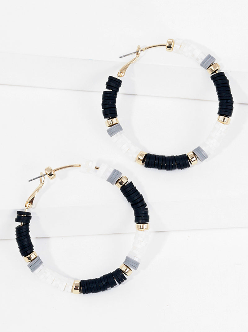 50mm Polymer Clay Beaded Hoop Earrings Gold-Black