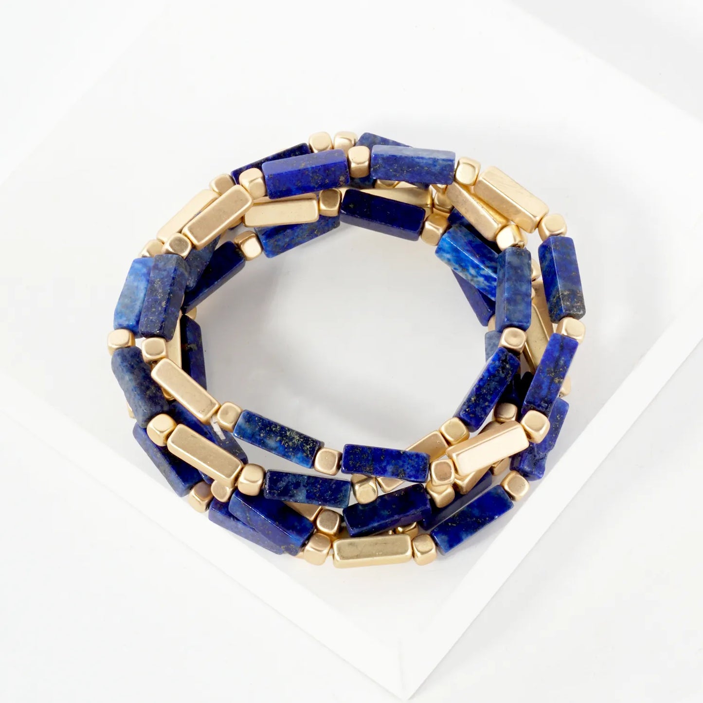 5PC-Set Rectangle Semi-Precious Natural-Stone Stackable Stretch Bracelet