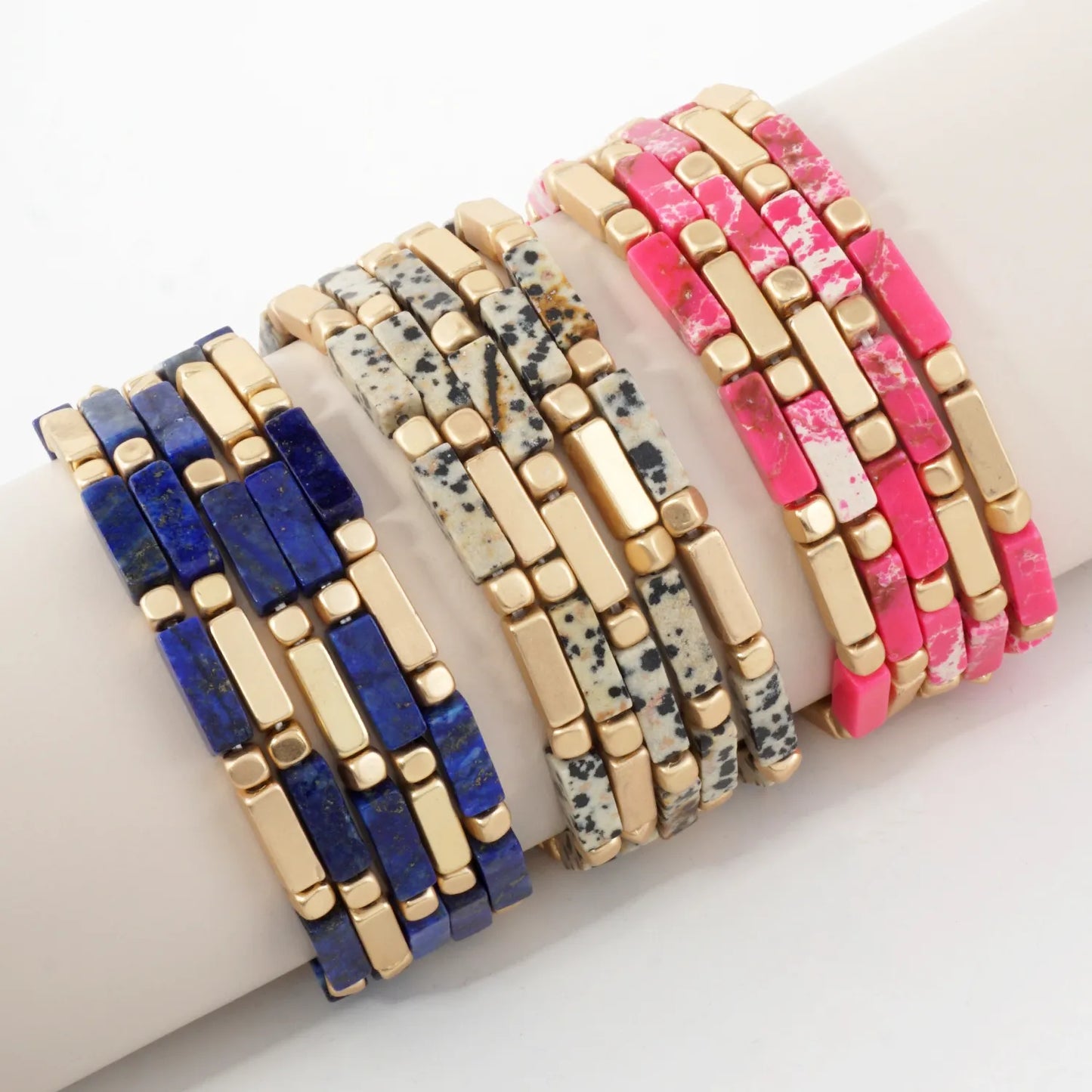 5PC-Set Rectangle Semi-Precious Natural-Stone Stackable Stretch Bracelet