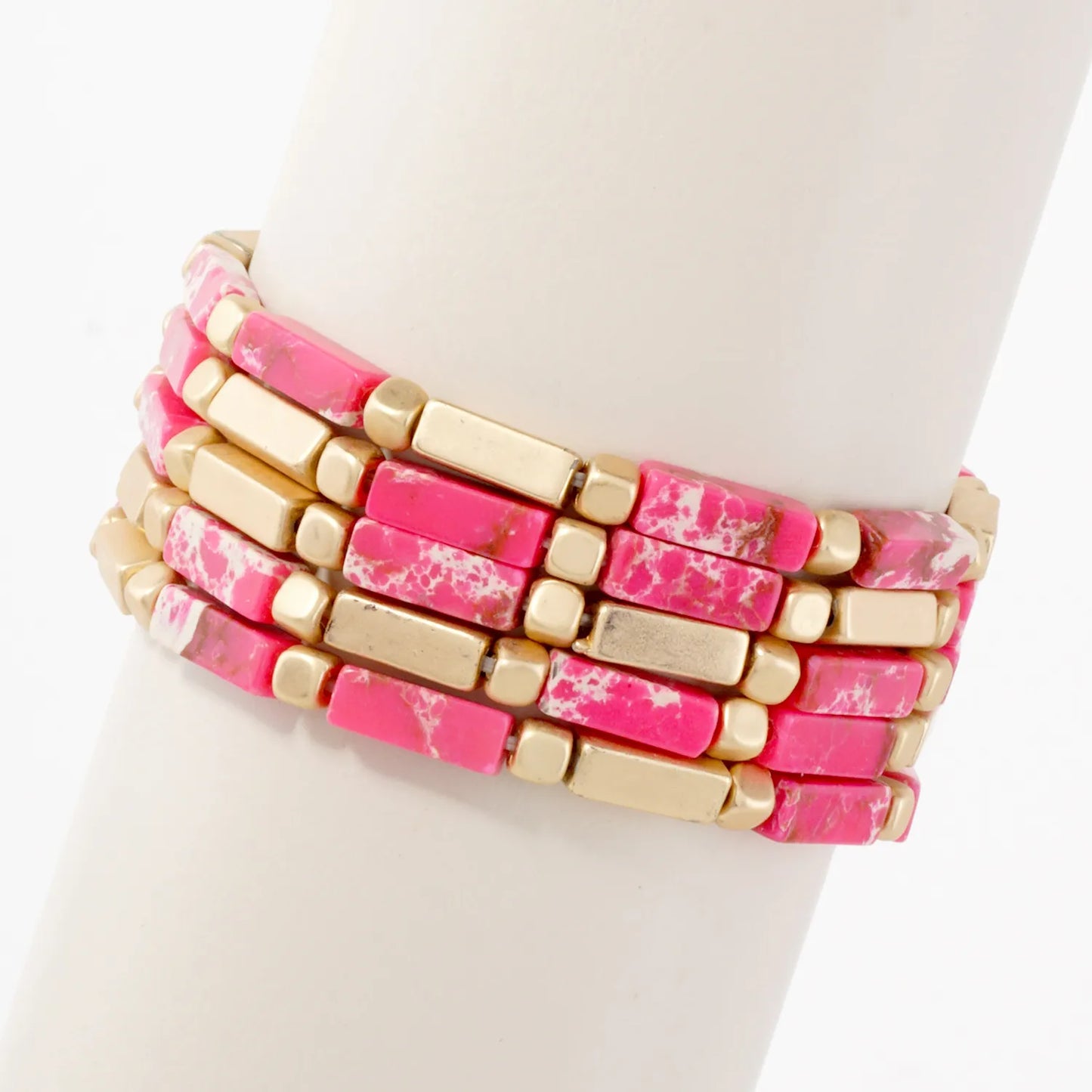5PC-Set Rectangle Semi-Precious Natural-Stone Stackable Stretch Bracelet