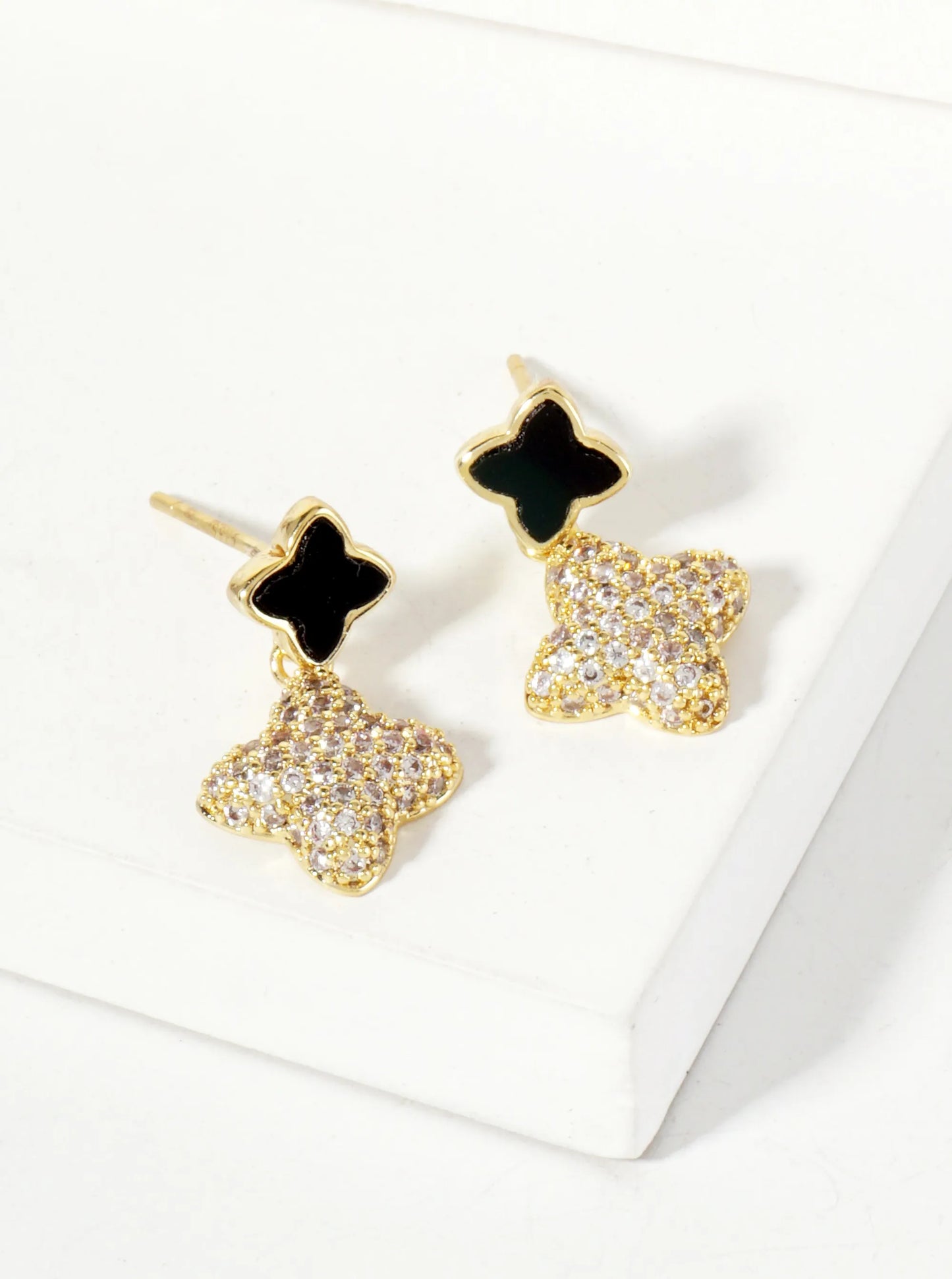 6-10mm Pave-Set CZ Dainty Double Quatrefoil Drop 18K-Gold-Dipped Dangle Earrings