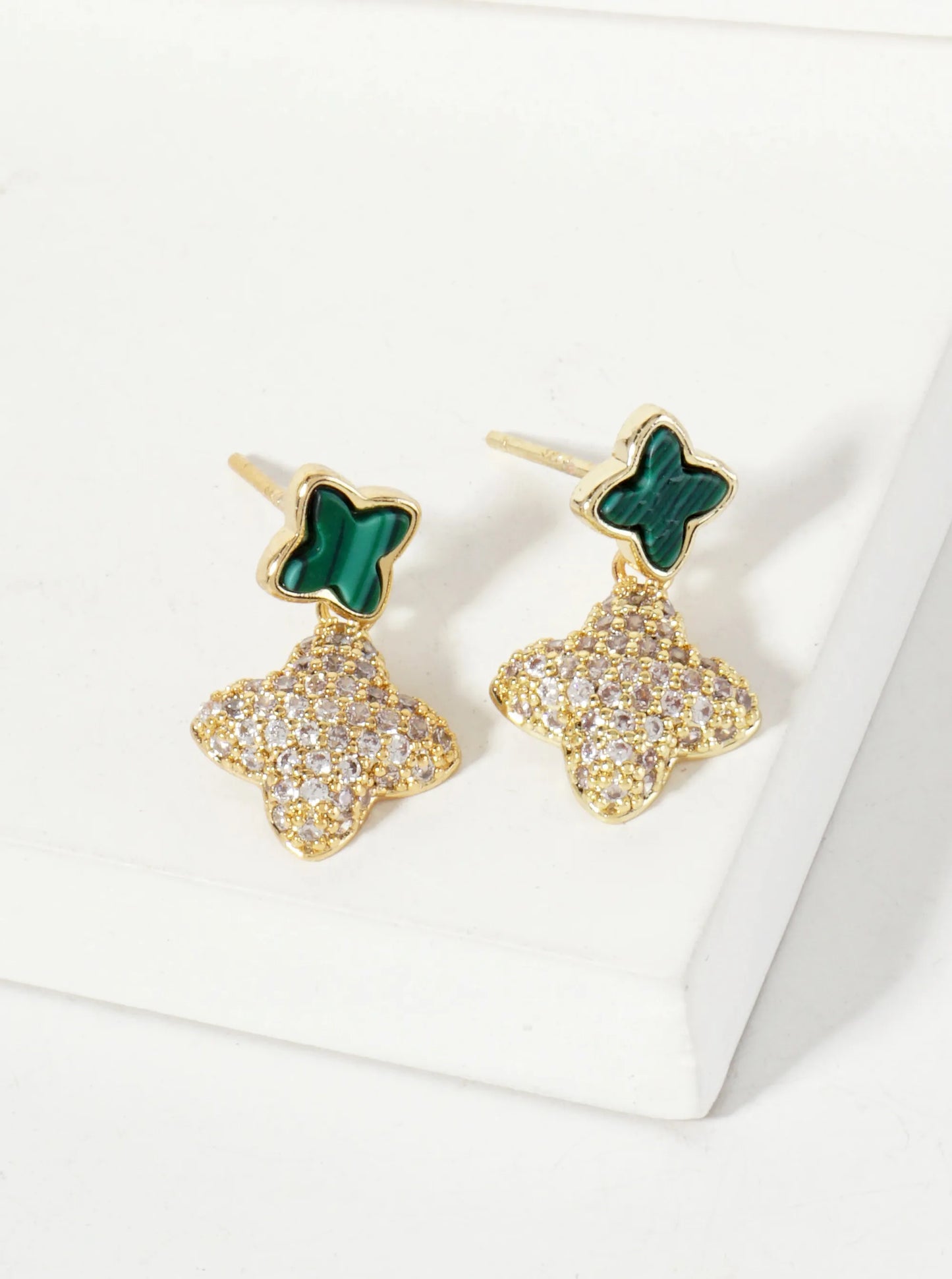 6-10mm Pave-Set CZ Dainty Double Quatrefoil Drop 18K-Gold-Dipped Dangle Earrings