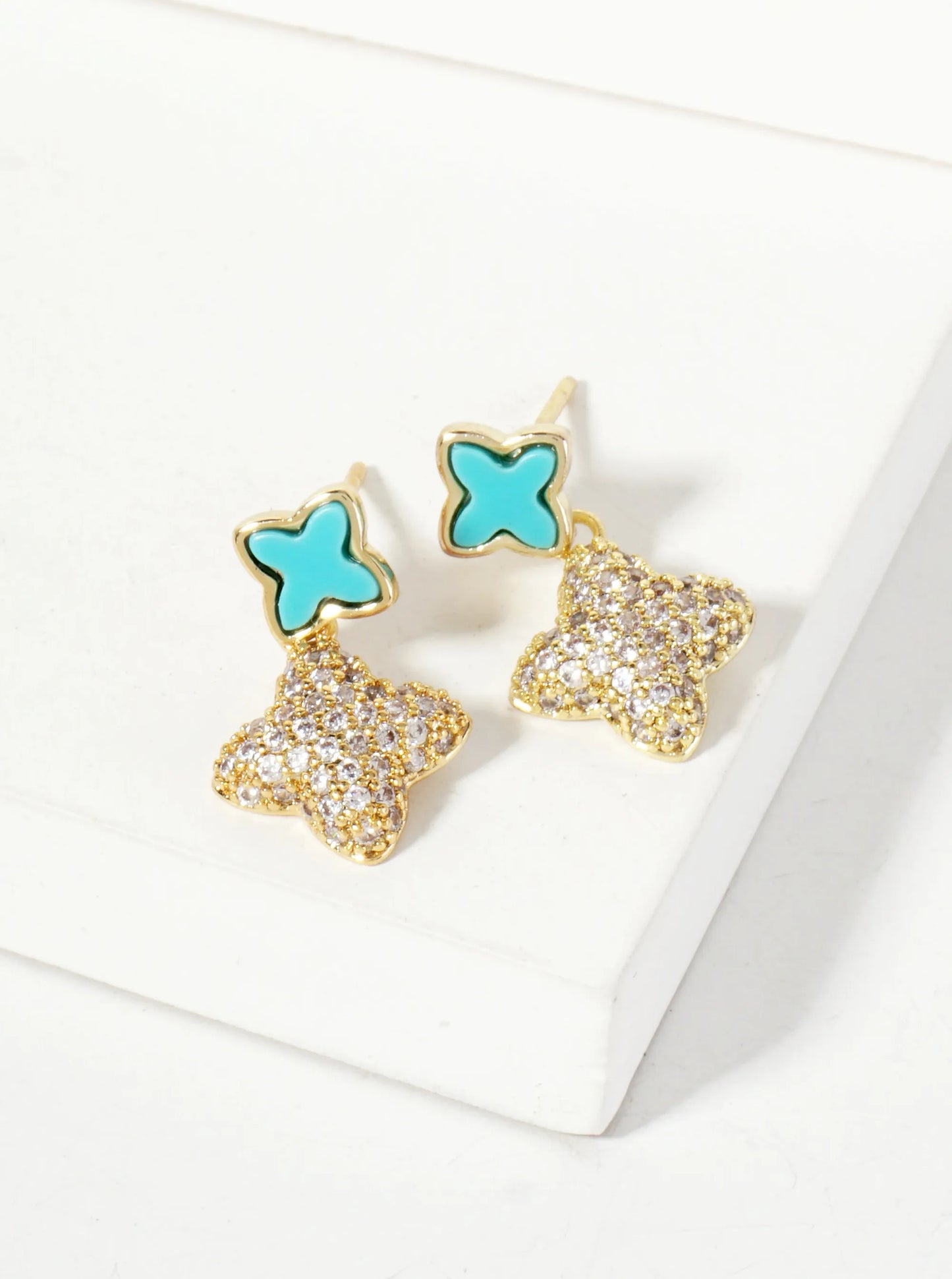 6-10mm Pave-Set CZ Dainty Double Quatrefoil Drop 18K-Gold-Dipped Dangle Earrings