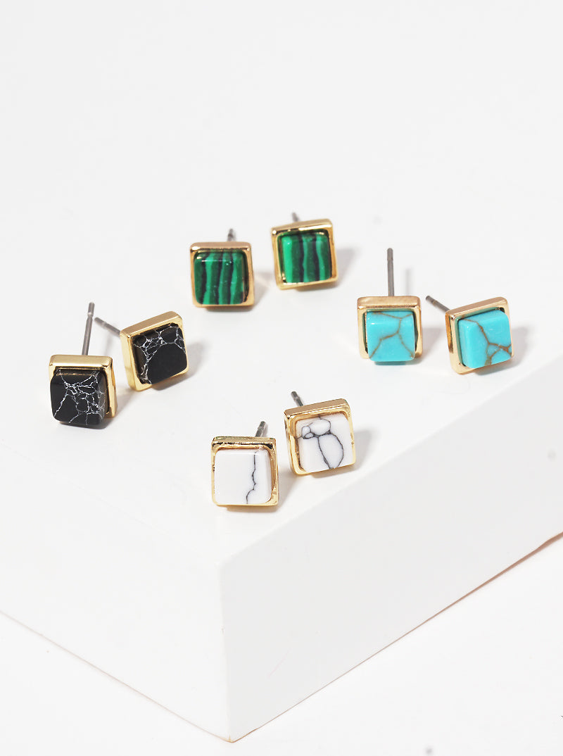 6mm Square Semi-precious Natural Stone Post Stud Earrings