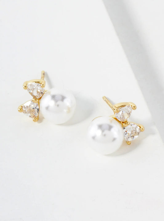 8mm Pearl Drop Cubic-Zirconia Bow 14K-Gold-Dipped Brass Stud Earrings