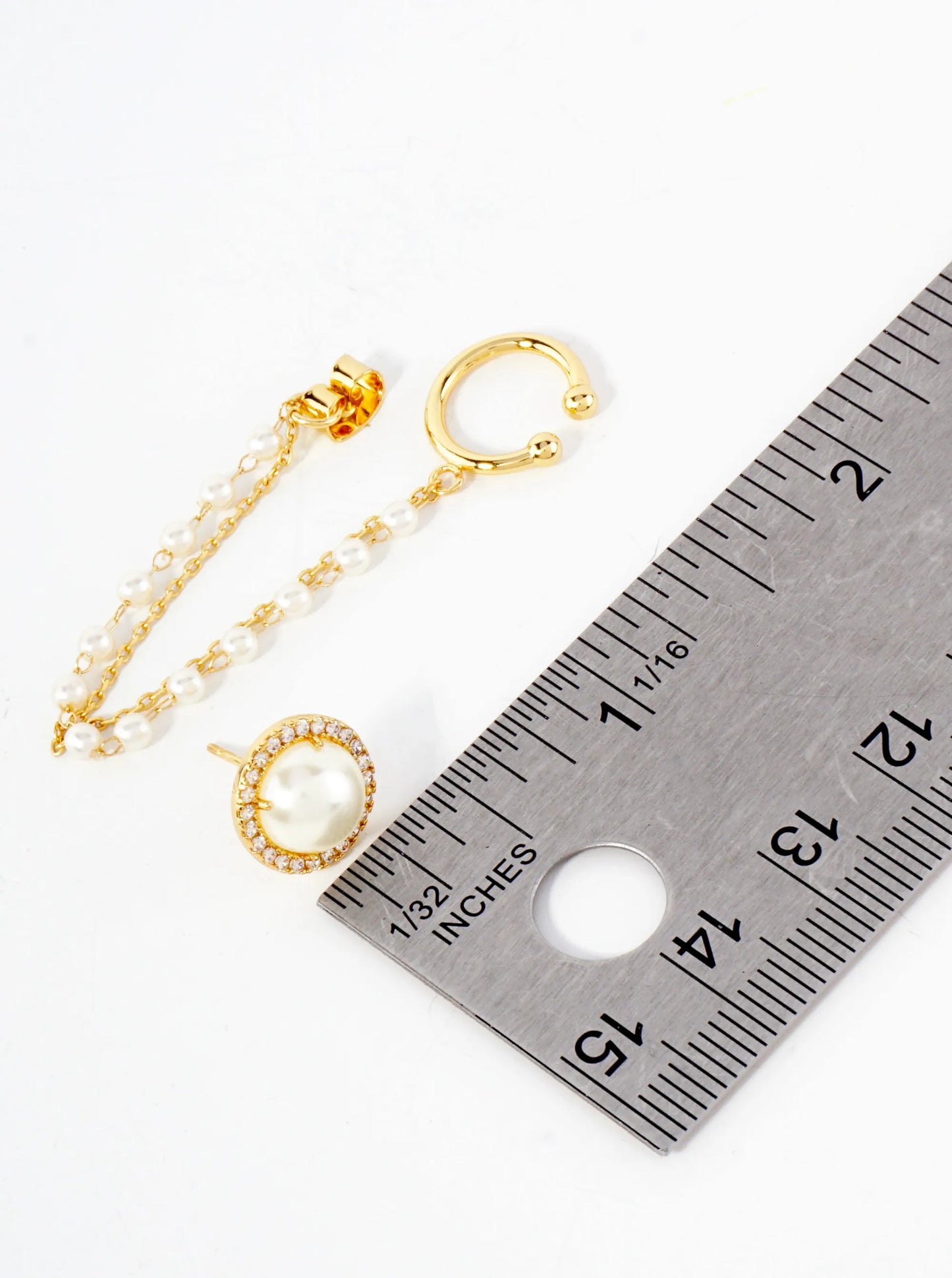 8mm Pearl Surrounded With CZ Stud And Ear Cuff Drape Chain 18K-Gold-Dipped Earring Set