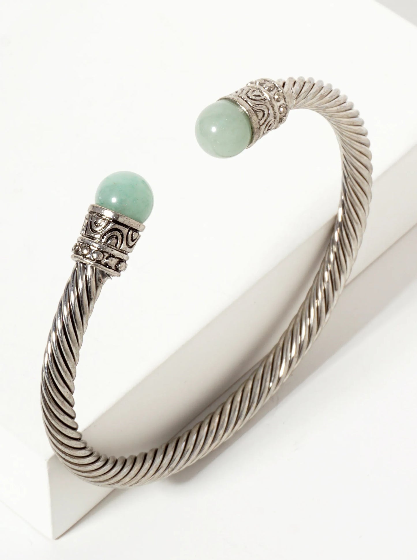 8mm Semi-Precious Natural-Stone Accent Rope-Texture Open Cuff Bracelet