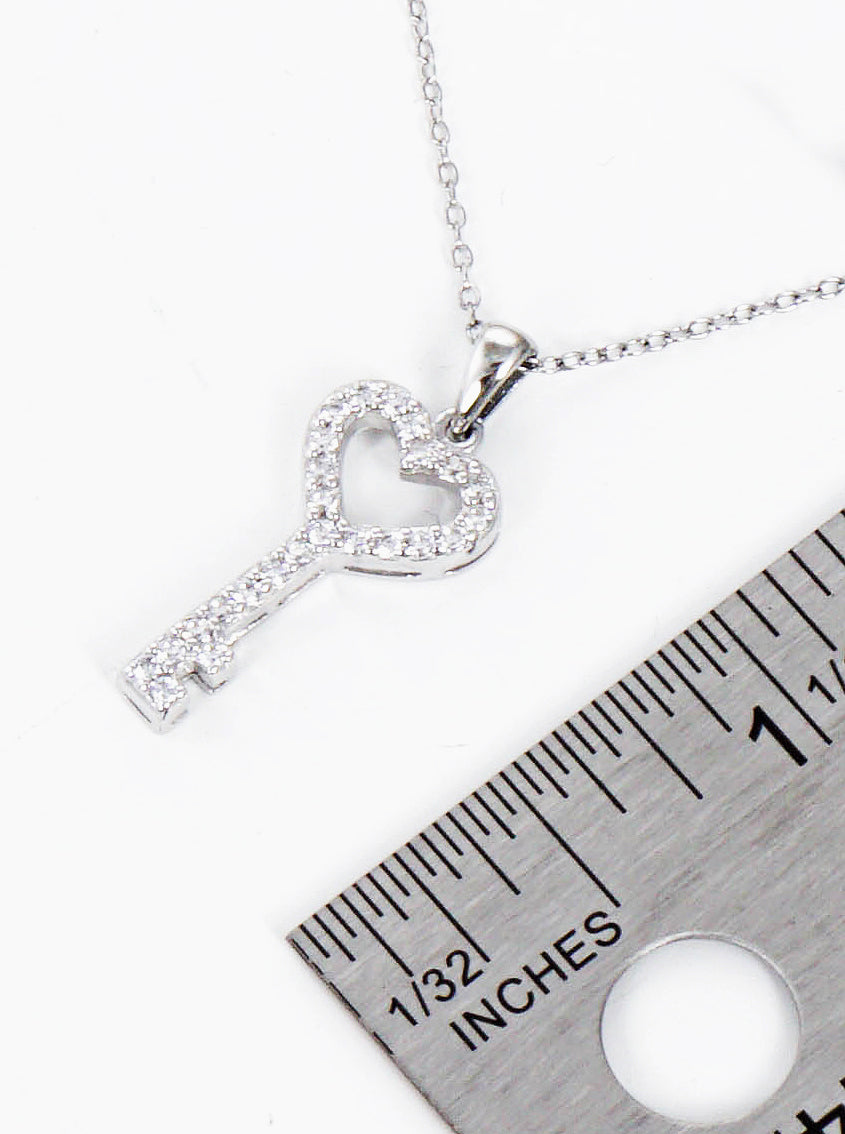 925 Sterling Silver CZ Heart Key Pendant Delicate Necklace