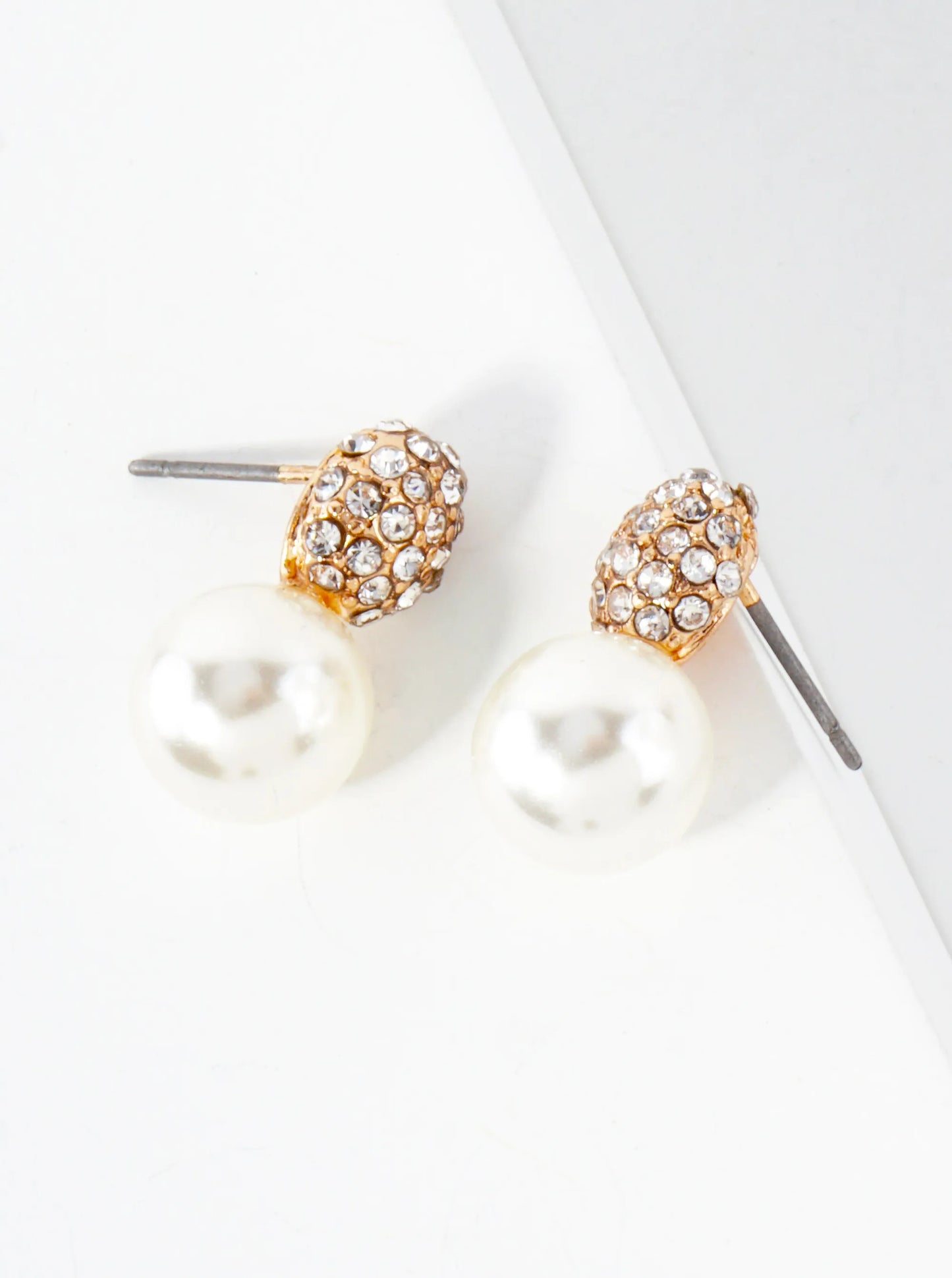 9mm Pearl Drop Crystal-Pave Oval Stud Earrings