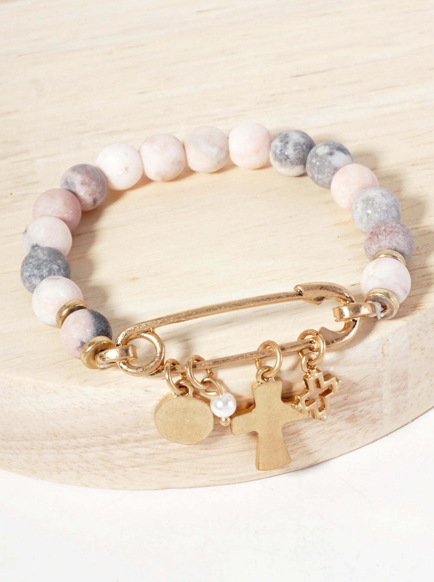 9mm Semi-Precious-Natural-Stone Stretch Bracelet With Metal Cross Charms