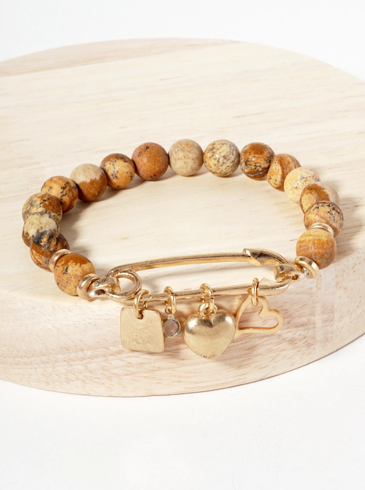 9mm Semi-Precious-Natural-Stone Stretch Bracelet With Metal Heart Charms
