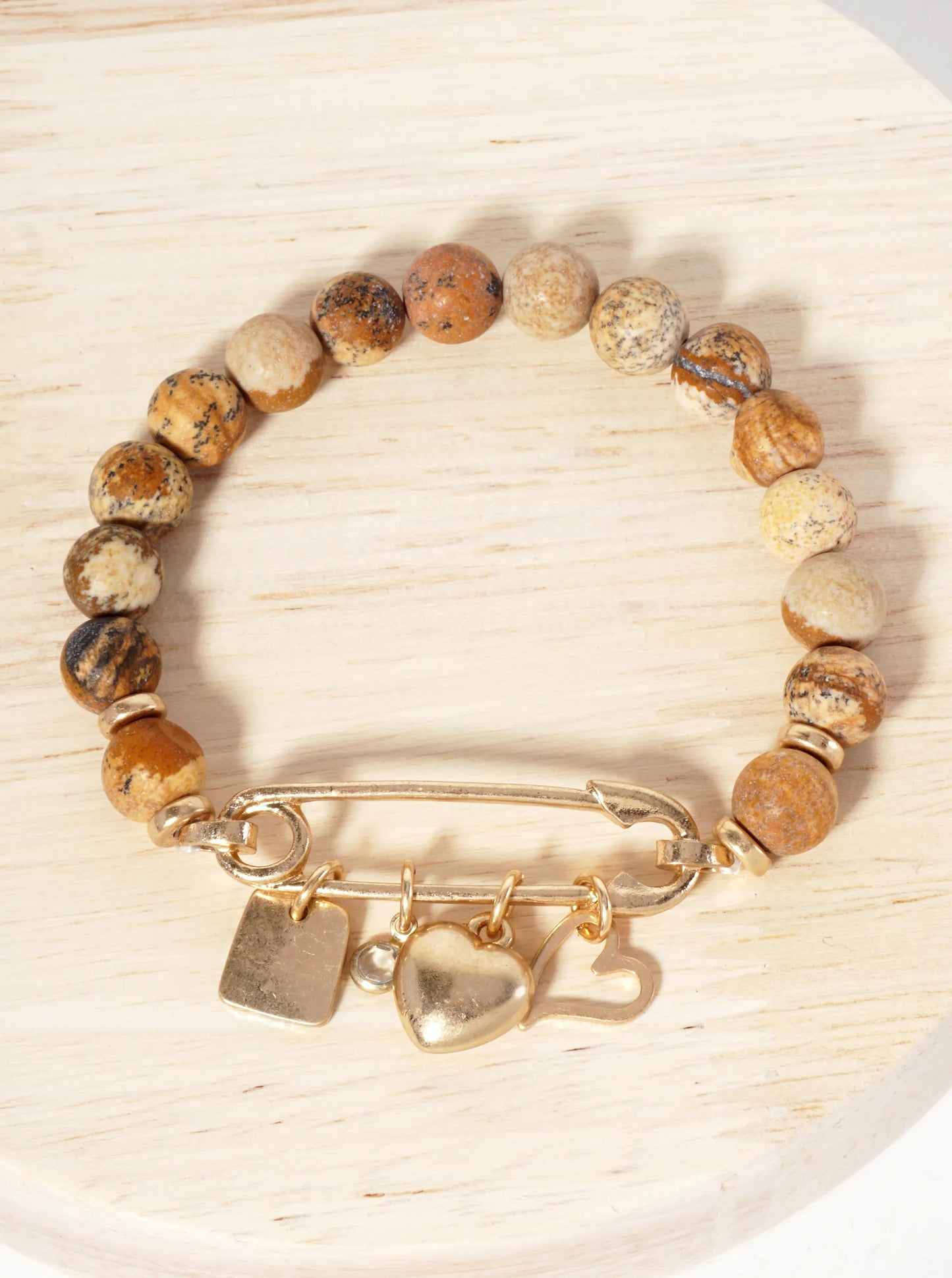 9mm Semi-Precious-Natural-Stone Stretch Bracelet With Metal Heart Charms