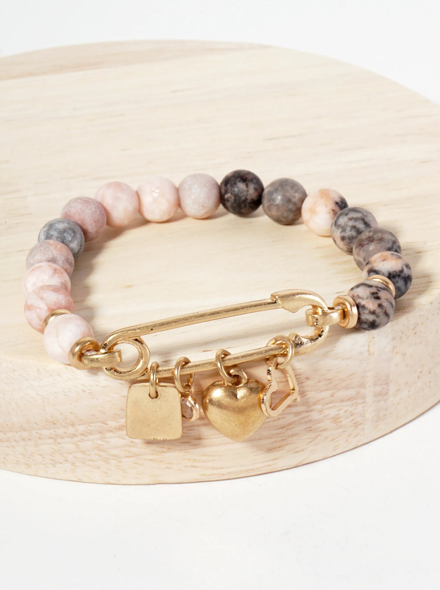 9mm Semi-Precious-Natural-Stone Stretch Bracelet With Metal Heart Charms