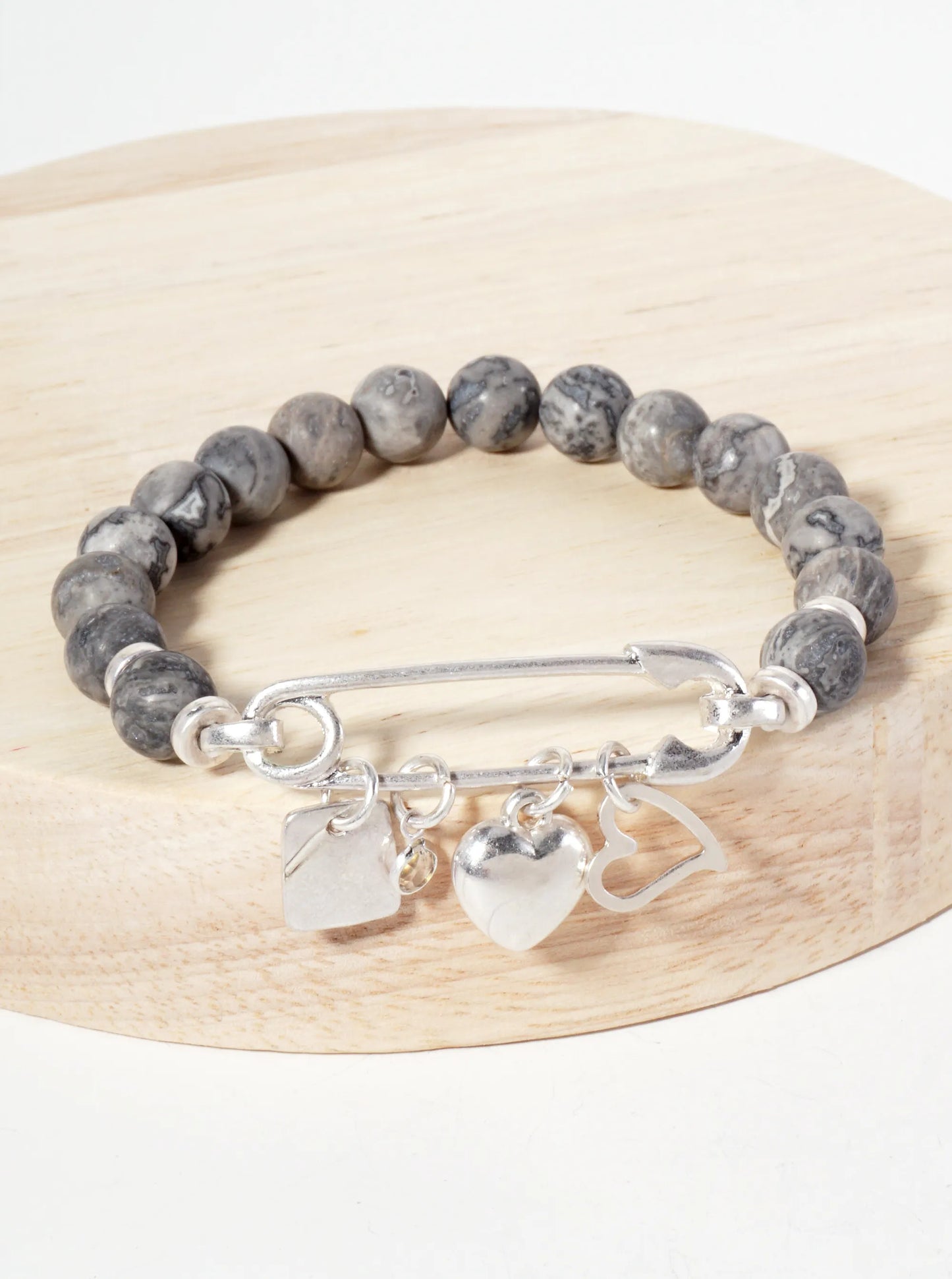 9mm Semi-Precious-Natural-Stone Stretch Bracelet With Metal Heart Charms