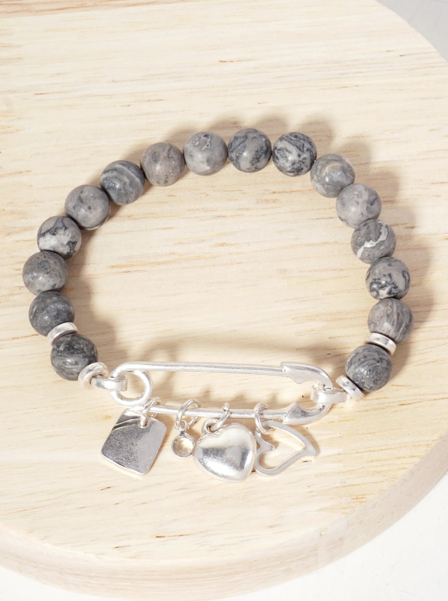 9mm Semi-Precious-Natural-Stone Stretch Bracelet With Metal Heart Charms