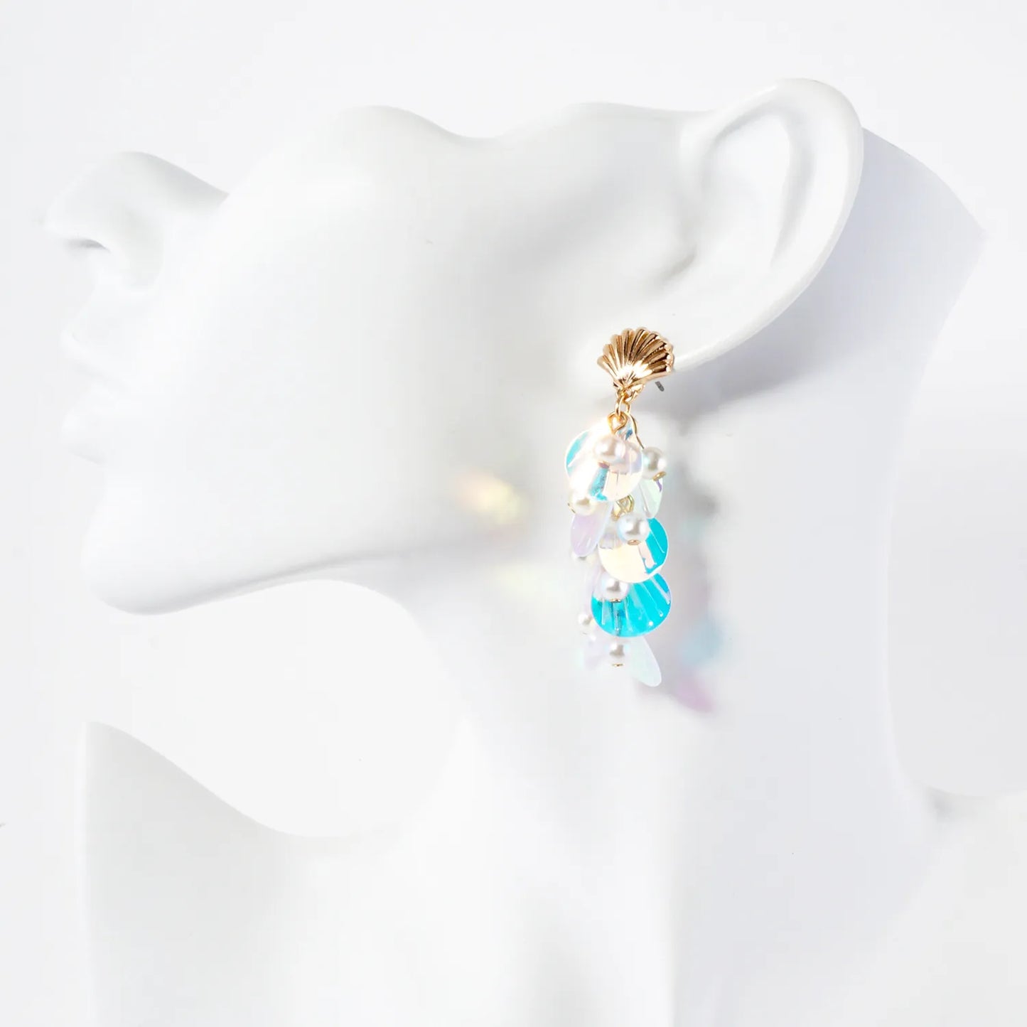AB Sequin Pearl Cluster Drop Seashell Sea-Life Dangle Earrings