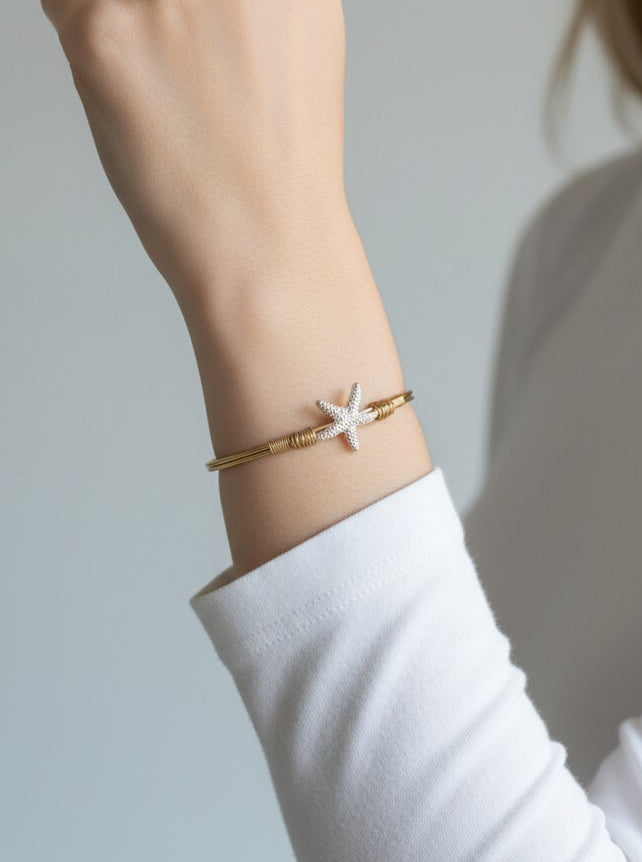 Starfish Textured Hook Closure Bangle Bracelet