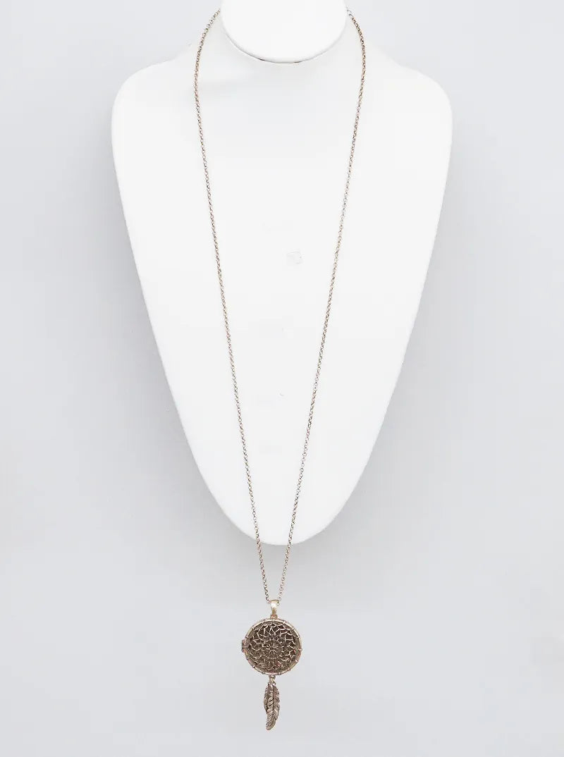 AZTEC NAVAJO FEATHER DANGLE METAL PENDANT CHARM LOCKET LONG NECKLACES SET