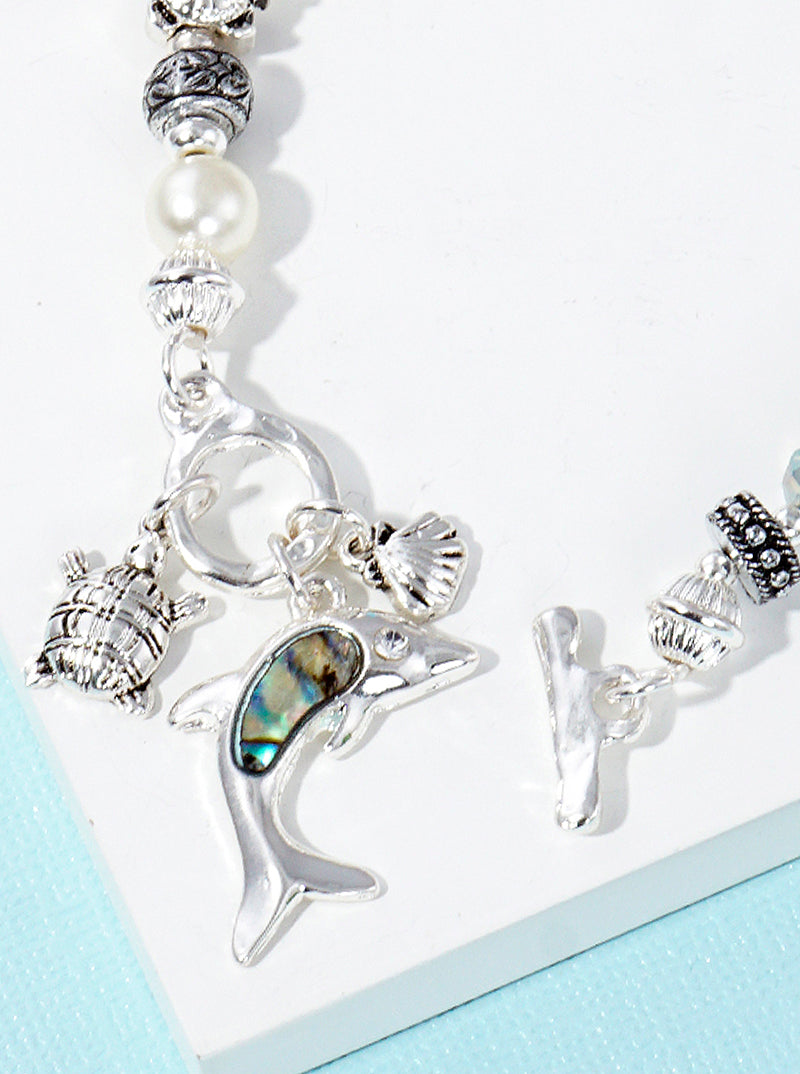 Abalone Inlay Dolphin Turtle Shell Charms Multi Beaded Stretch Bracelet