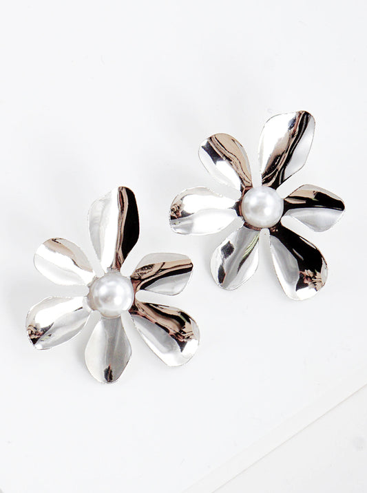 Acrylic Pearl Metal Floral Flower Post Stud Earrings