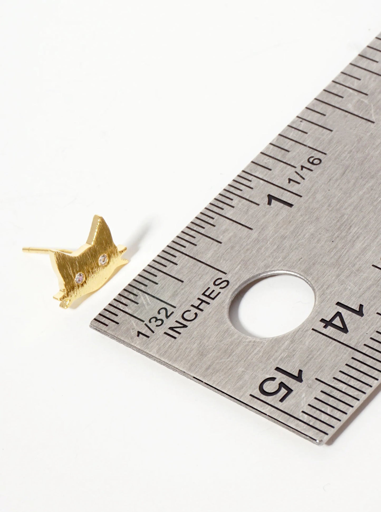 Animal-Theme 18K-Gold-Dipped Brushed-Texture CZ Eyed Cat Stud Earrings