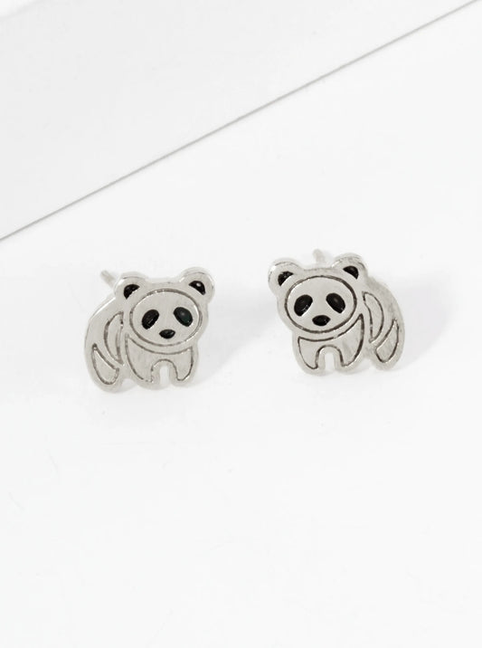 Animal-Theme Brushed Brass 10mm Panda 18K-Gold-Dipped Stud Earrings