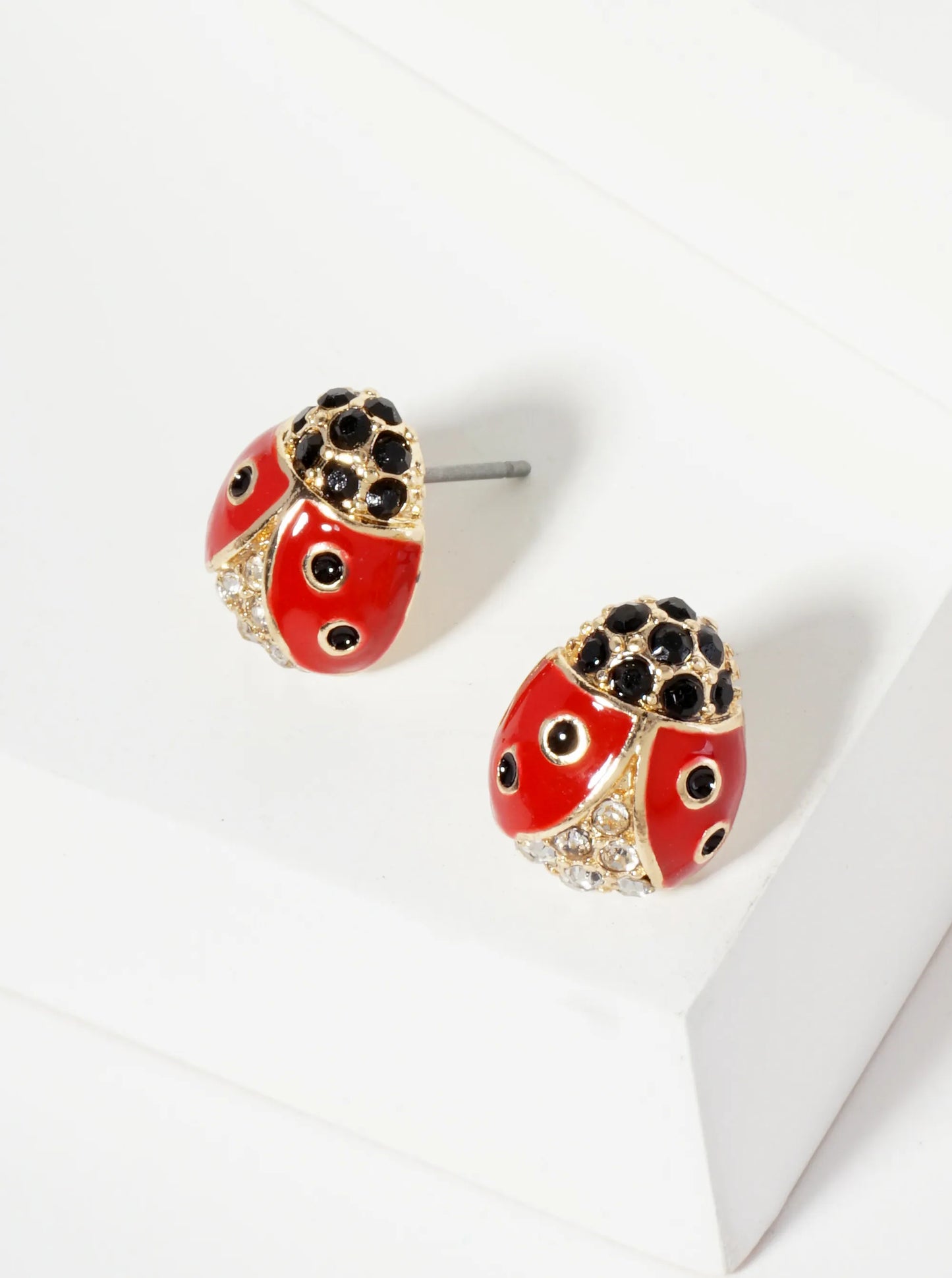 Animal-Theme Crystal-Pave Enamel Ladybug Stud Earrings