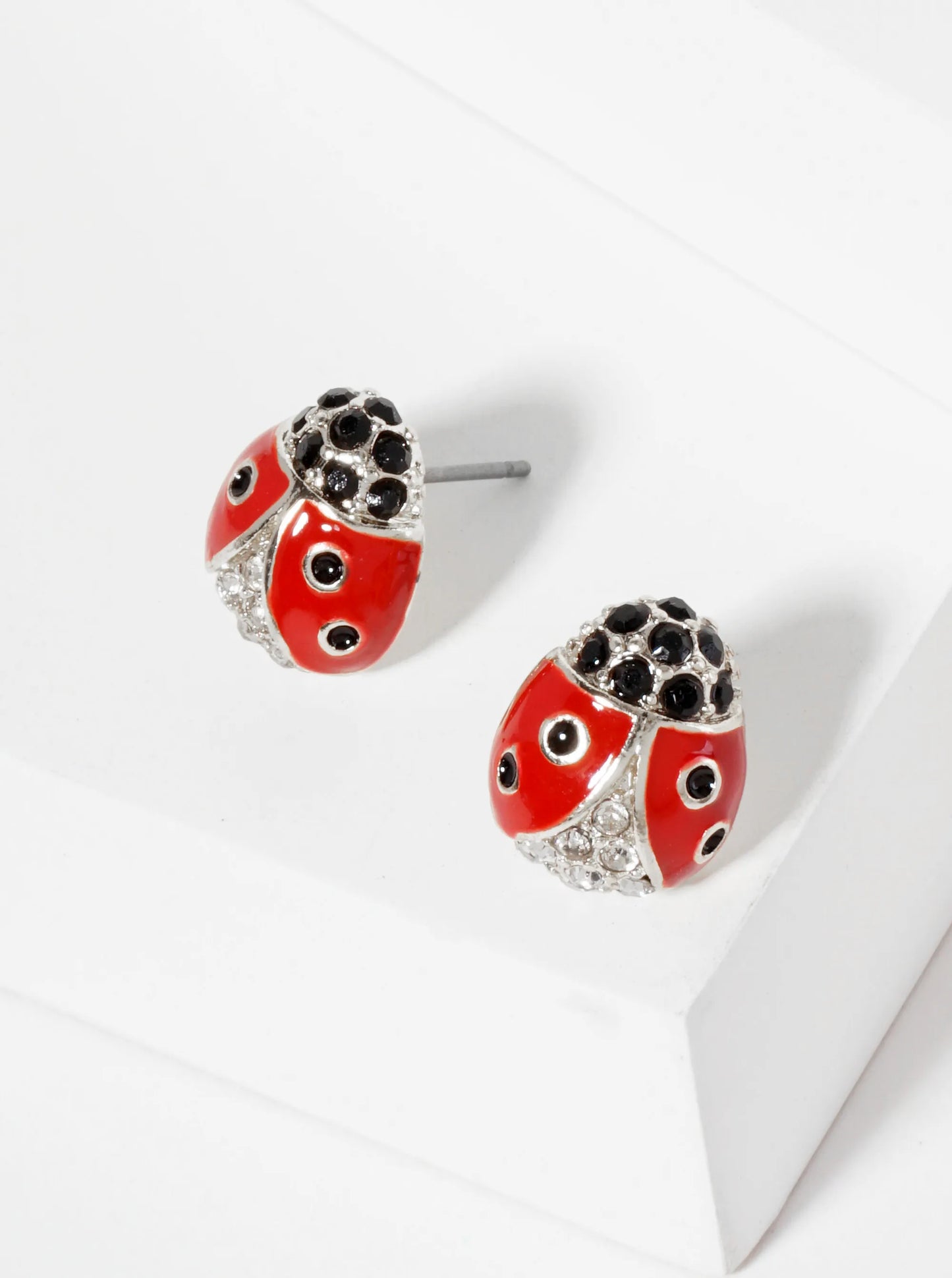 Animal-Theme Crystal-Pave Enamel Ladybug Stud Earrings