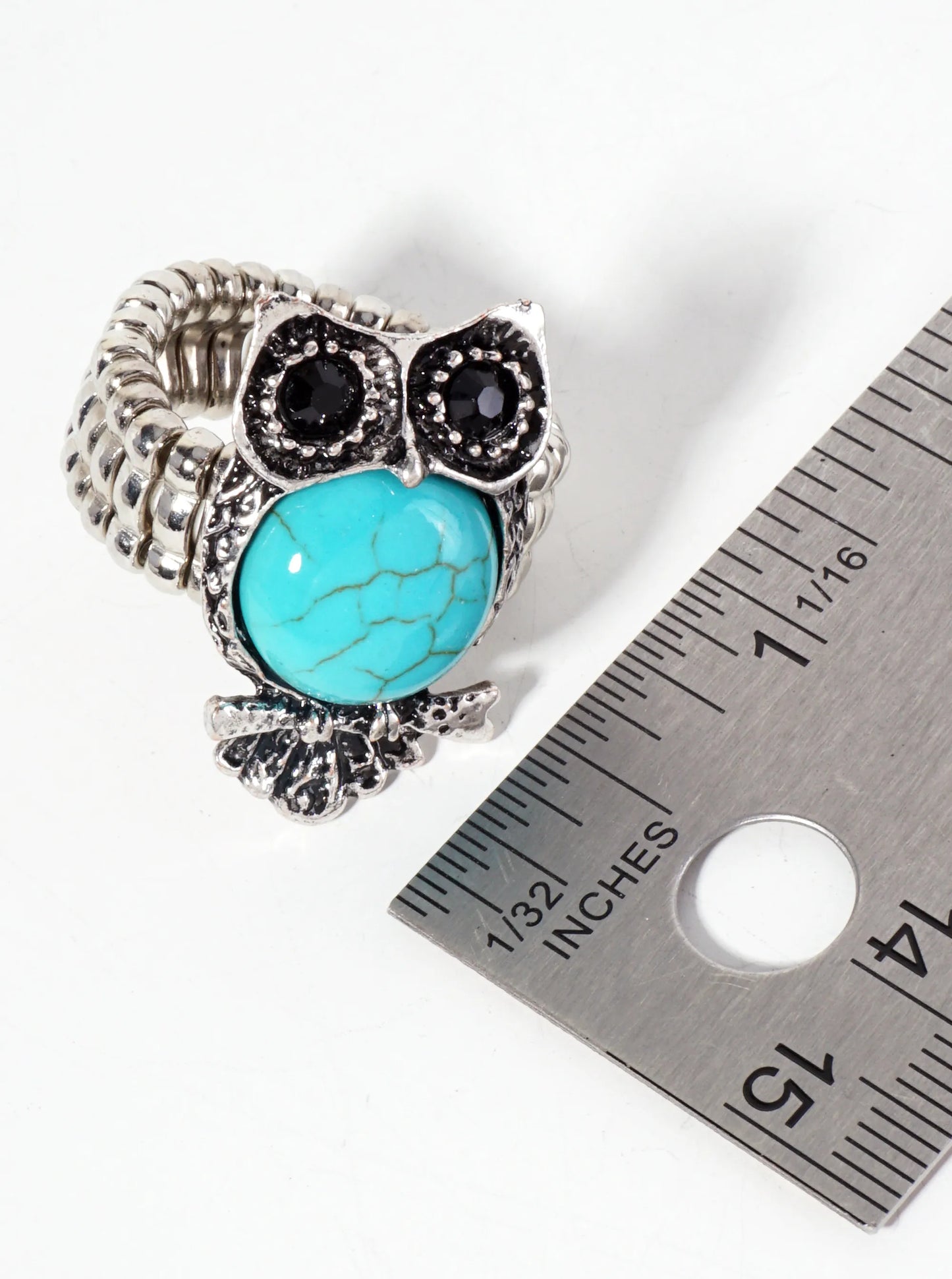 Animal-Theme Turquoise Semi-Precious Natural-Stone Owl Bohemian Western Statement Stretch Ring