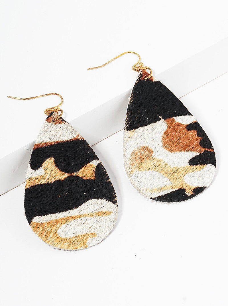 Animal Print Genuine Leather Teardrop Fishhook Dangle Drop Earrings