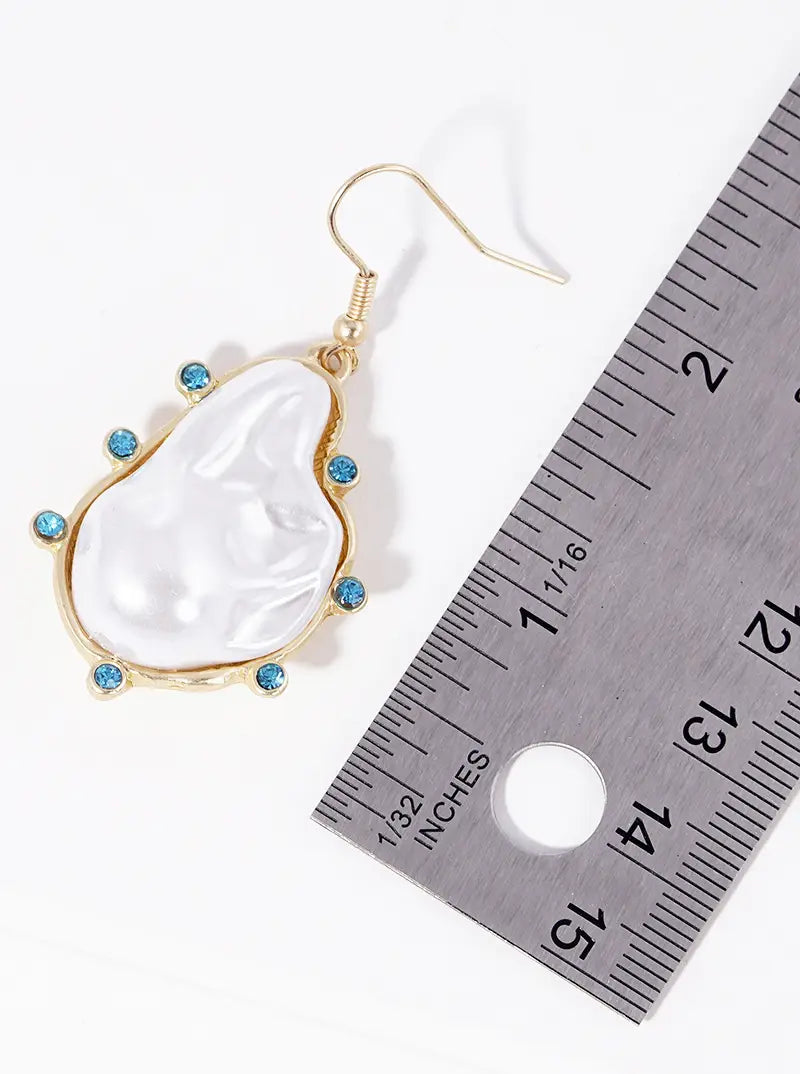 Aqua Crystal Organic Shaped Pearl Dangle Drop Earrings