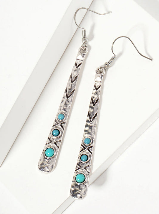 Arrow Pattern Engraved Hammered-Texture Bar Drop Earrings With Turquoise-Stones