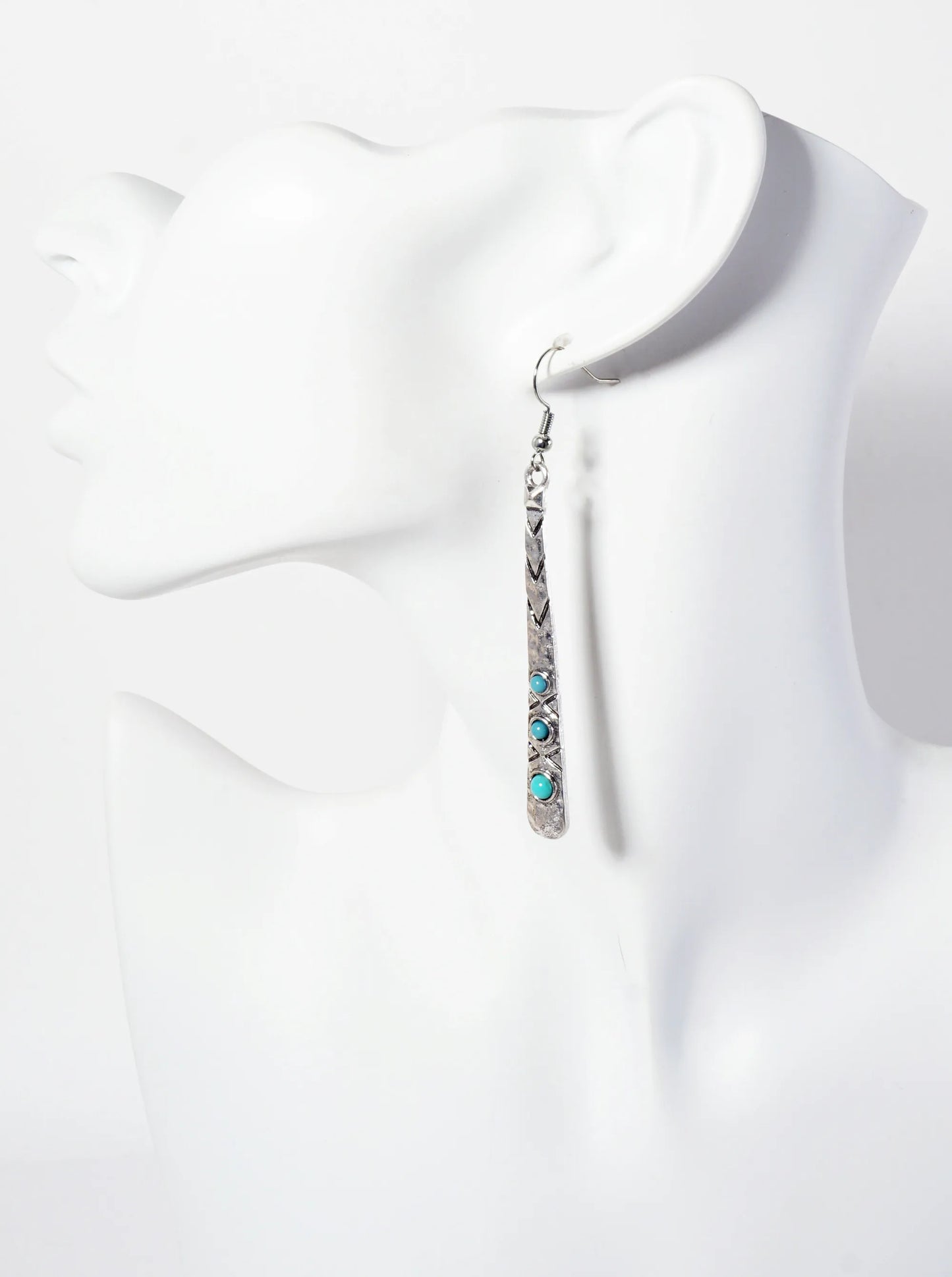 Arrow Pattern Engraved Hammered-Texture Bar Drop Earrings With Turquoise-Stones