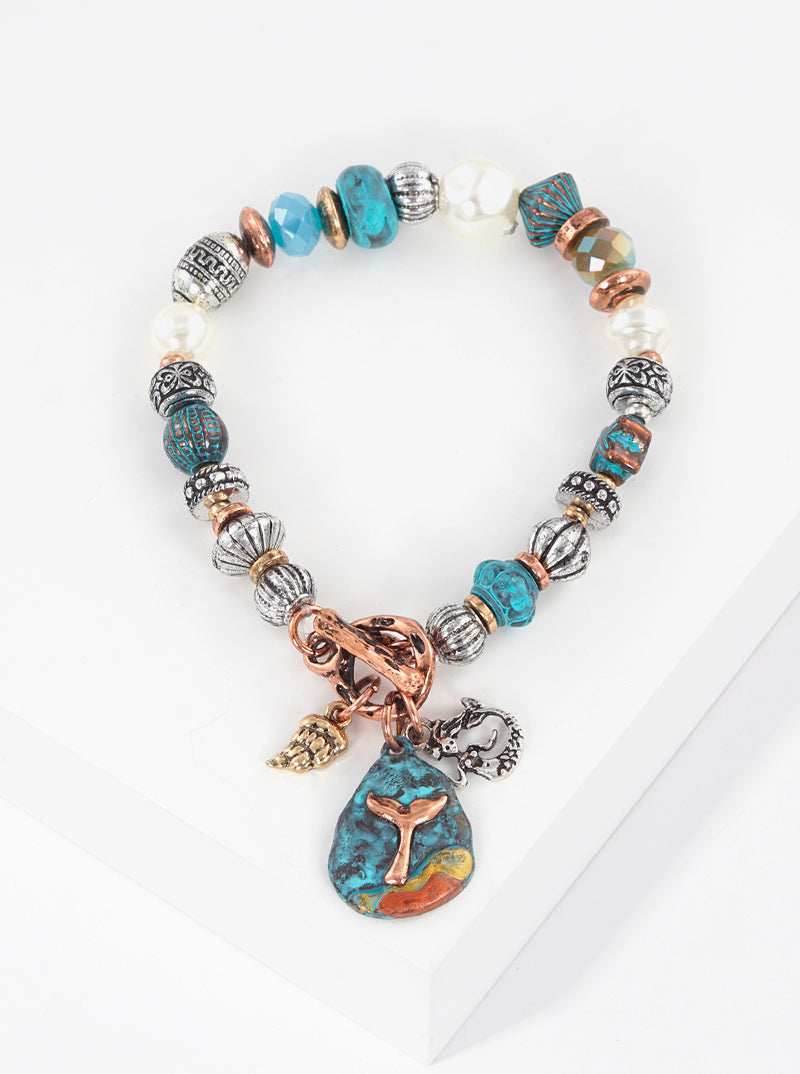 Artisan Sea Life Themed Charms Metal Toggle Closure Stretch Bracelet