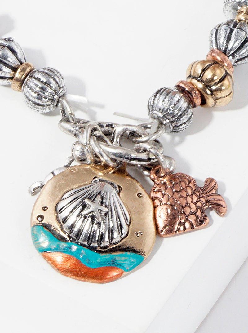 Artisan Sea Life Themed Charms Metal Toggle Closure Stretch Bracelet