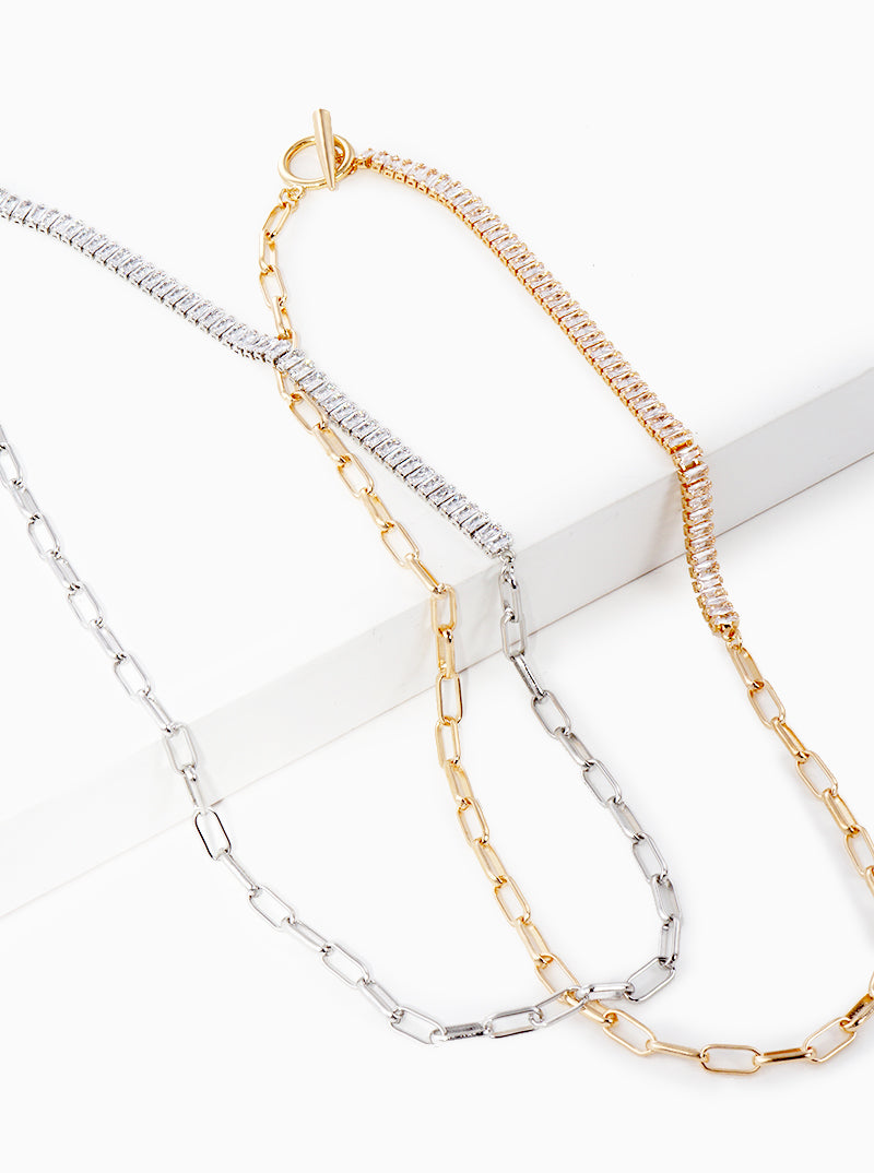 Baguette CZ And Link Chain Combination Toggle Closure Delicate Necklace