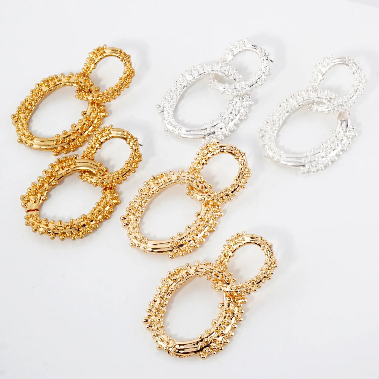 Ball-Texture Interlocking Oval Statement Earrings With-Titanium-Post