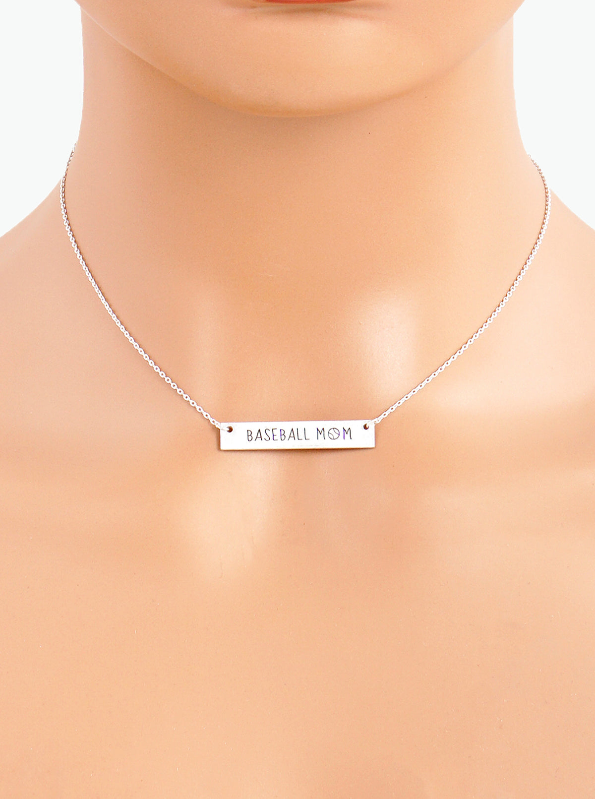 Baseball Mom Engraved Horizontal Bar Pendant Necklace