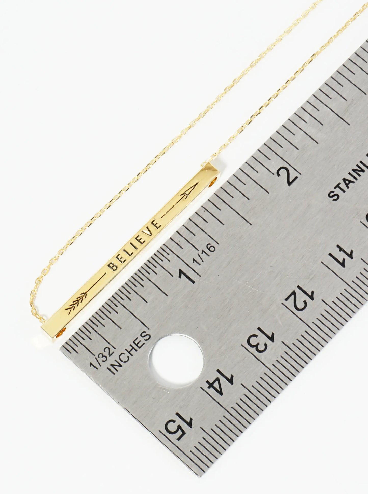 Believe Arrow Engraved 18K Gold Dipped Horizontal Brass Bar Pendant Inspirational Necklace