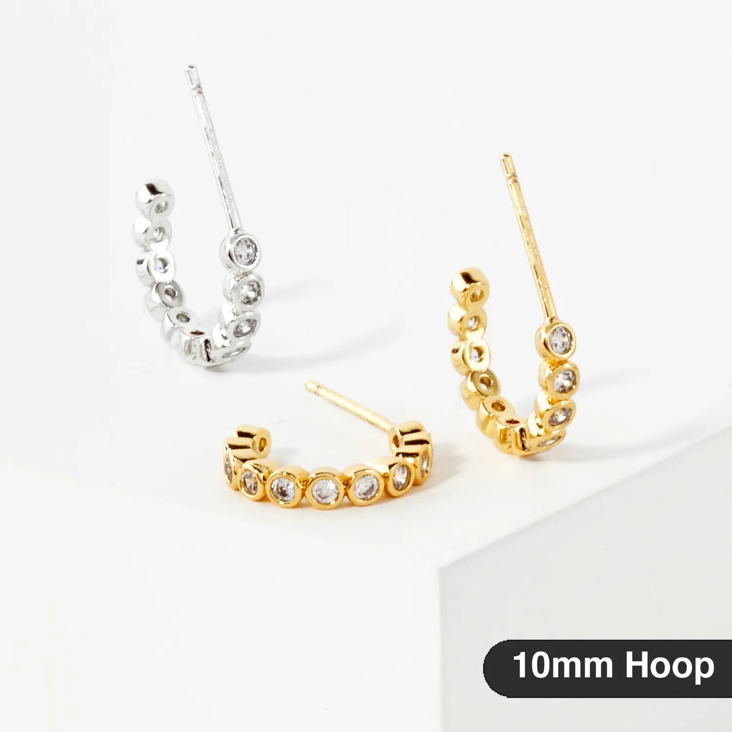 Bezel-Set CZ 10mm 14K-Gold-Dipped Brass Open Huggie Hoop Earrings