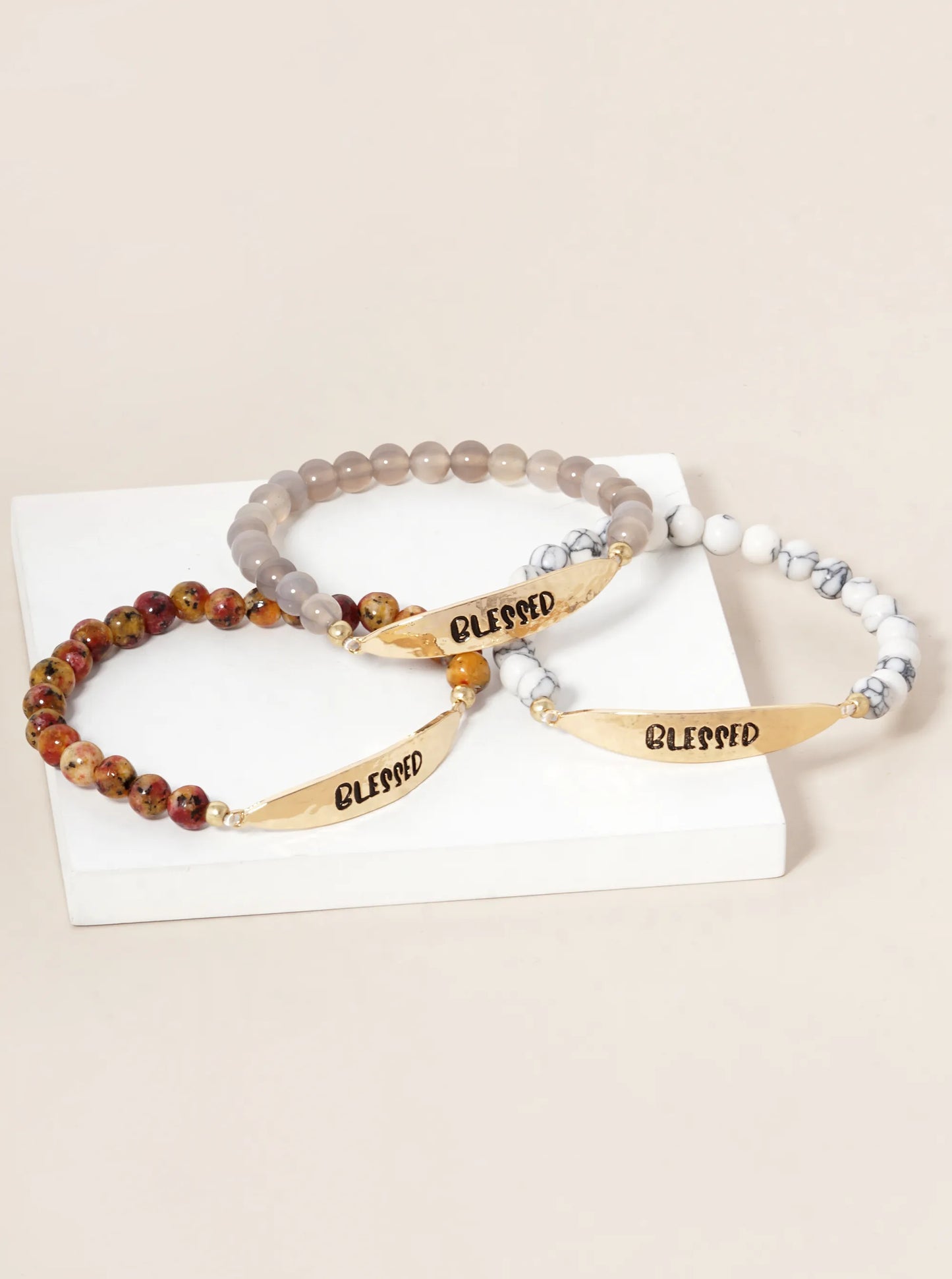 Blessed Engraved 6mm Semi-Precious Stone Stretch Bracelet