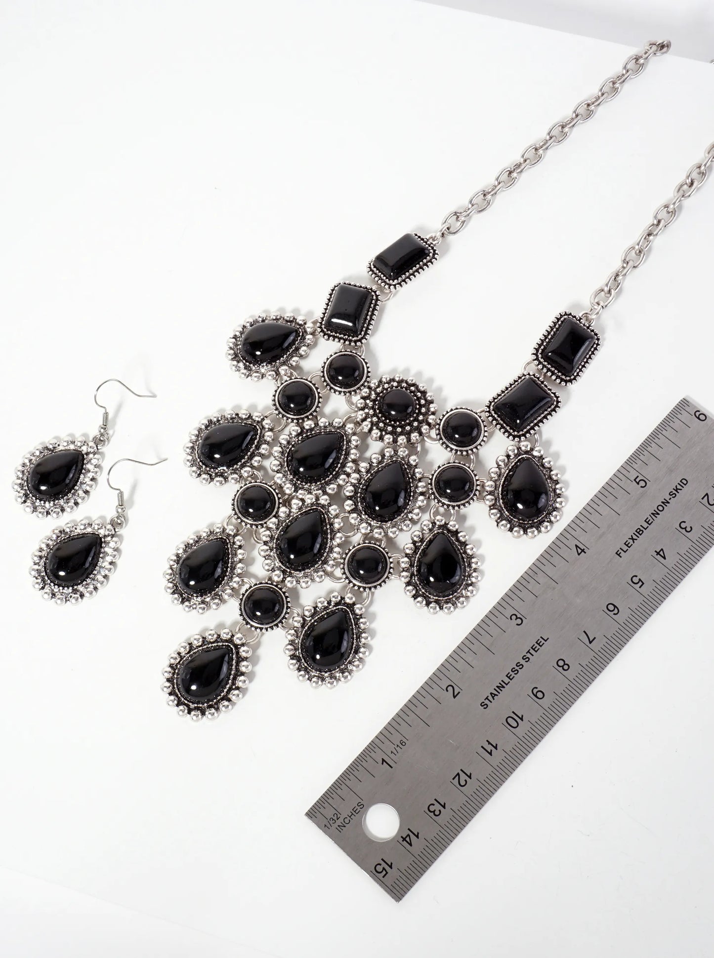 Bohemian Western Statement Bib Necklace In Black Set-with-Earrings