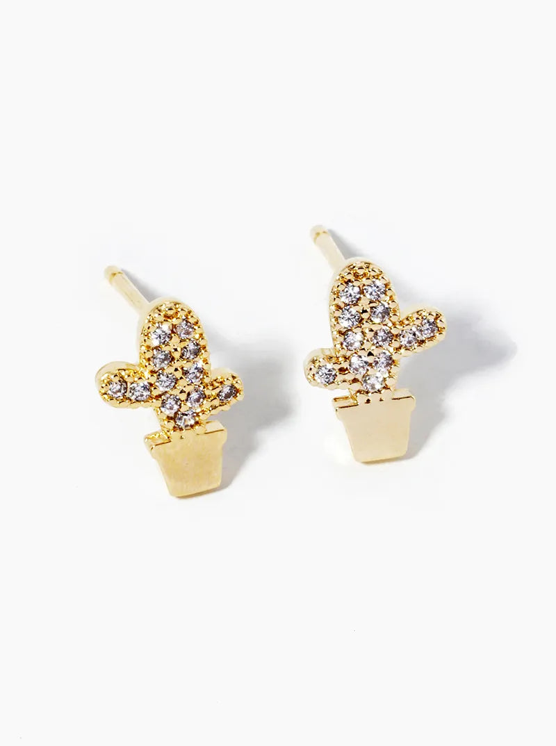 Botanical-Theme 18K-Gold-Dipped CZ Pave Cactus Post Stud Earrings