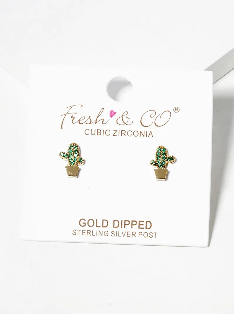Botanical-Theme 18K-Gold-Dipped CZ Pave Cactus Post Stud Earrings