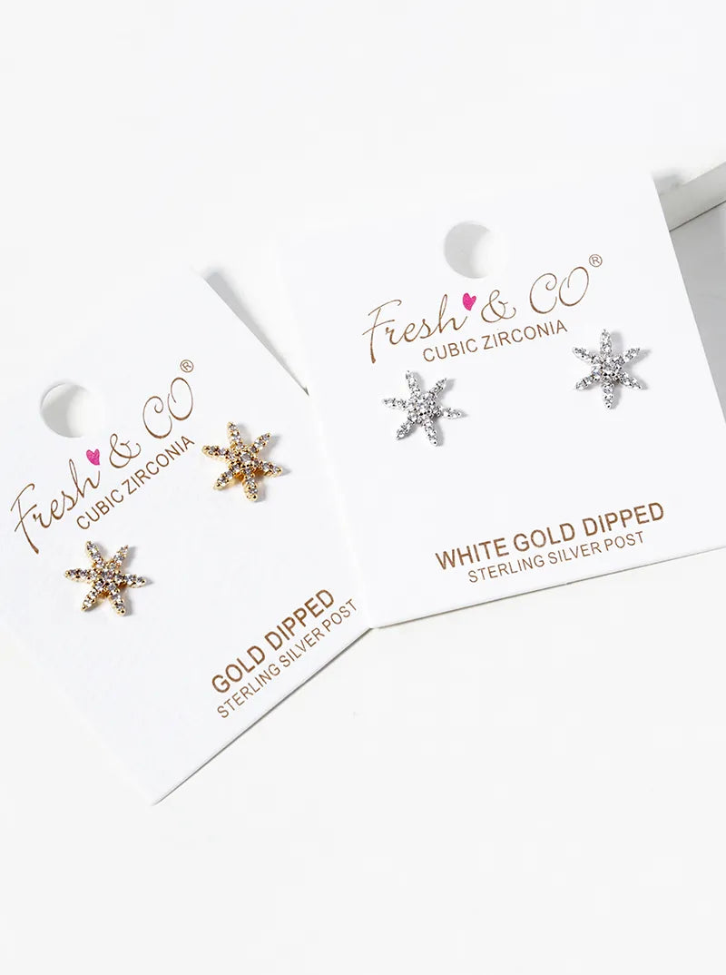 Botanical-Theme 18K-Gold-Dipped CZ Pave Flower Post Stud Earrings