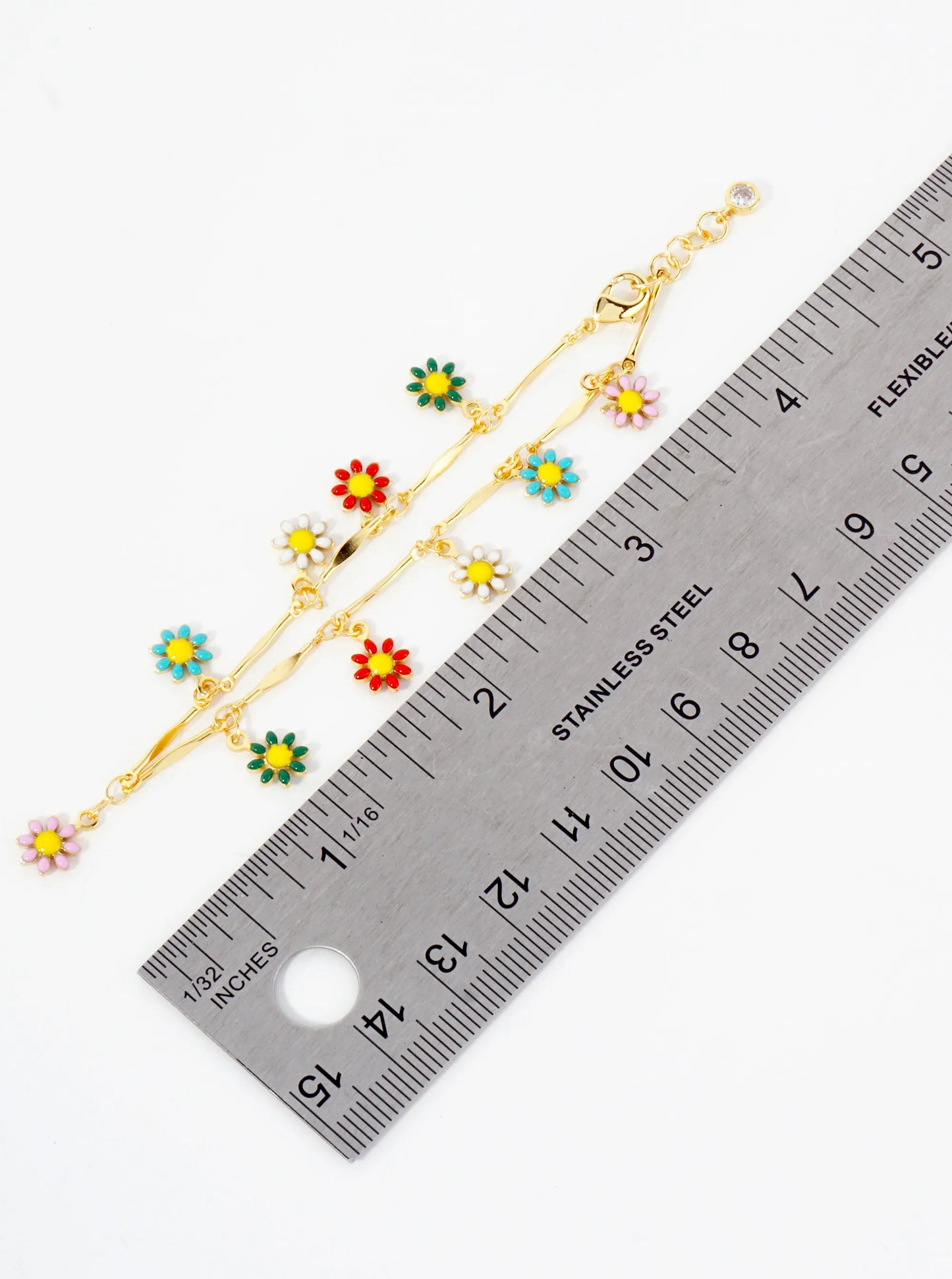 Botanical-Theme 18K-Gold-Dipped Chain Bracelet With Enamel Flower Charms