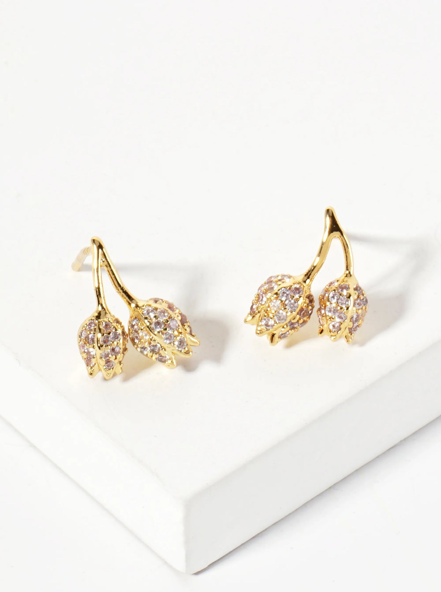 Botanical-Theme 18K-Gold-Dipped Pave-Set Cubic-Zirconia Tulip Flower Stud Earrings