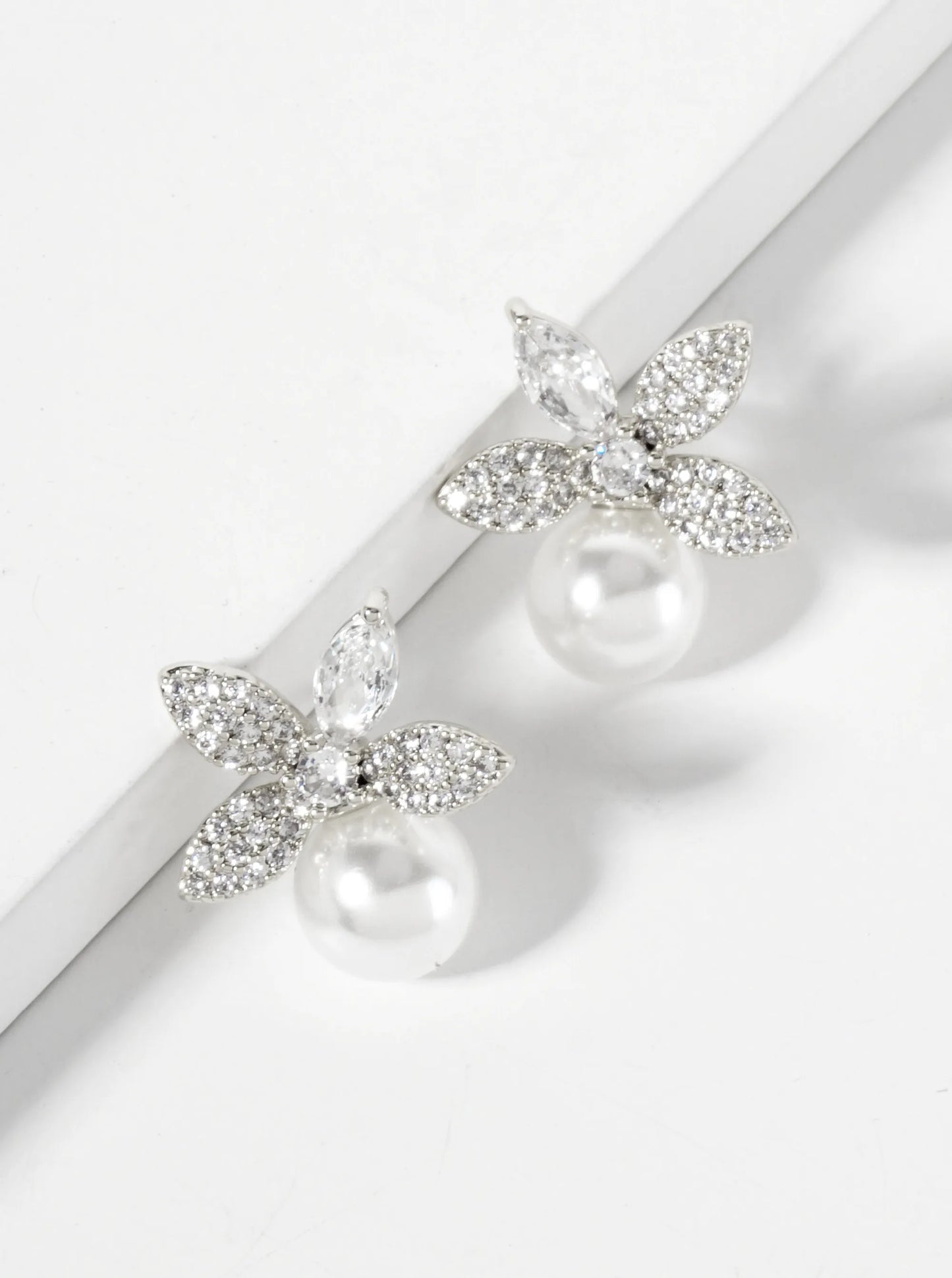 Botanical-Theme 8mm Pearl Drop Pave-Set Cubic-Zirconia 18K-Gold-Dipped Flower Stud Earrings