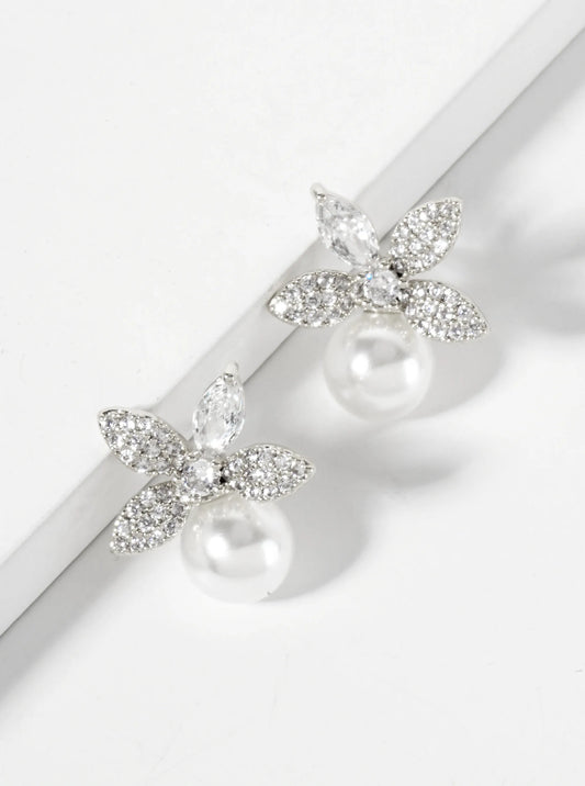 Botanical-Theme 8mm Pearl Drop Pave-Set Cubic-Zirconia 18K-Gold-Dipped Flower Stud Earrings