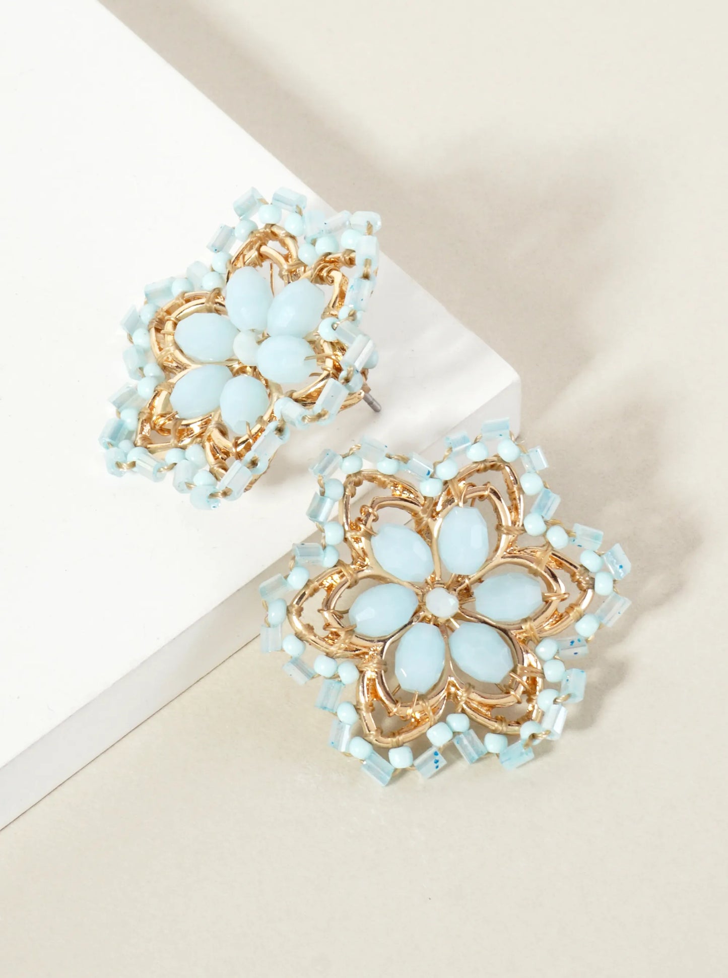 Botanical-Theme Glass-Beaded Flower Statement Stud Earrings
